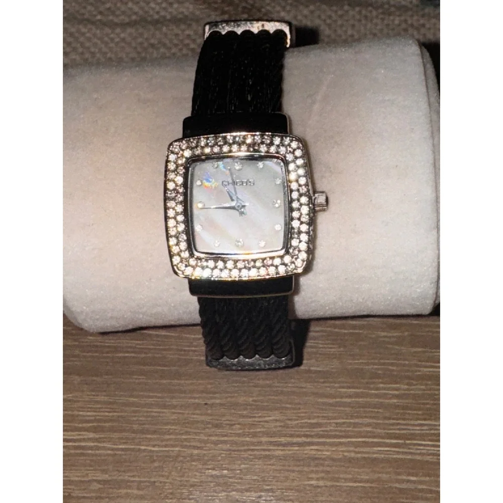 Chicos Square Crystal Accented Watch Black Cable Band Mother of Pearl Dial‎